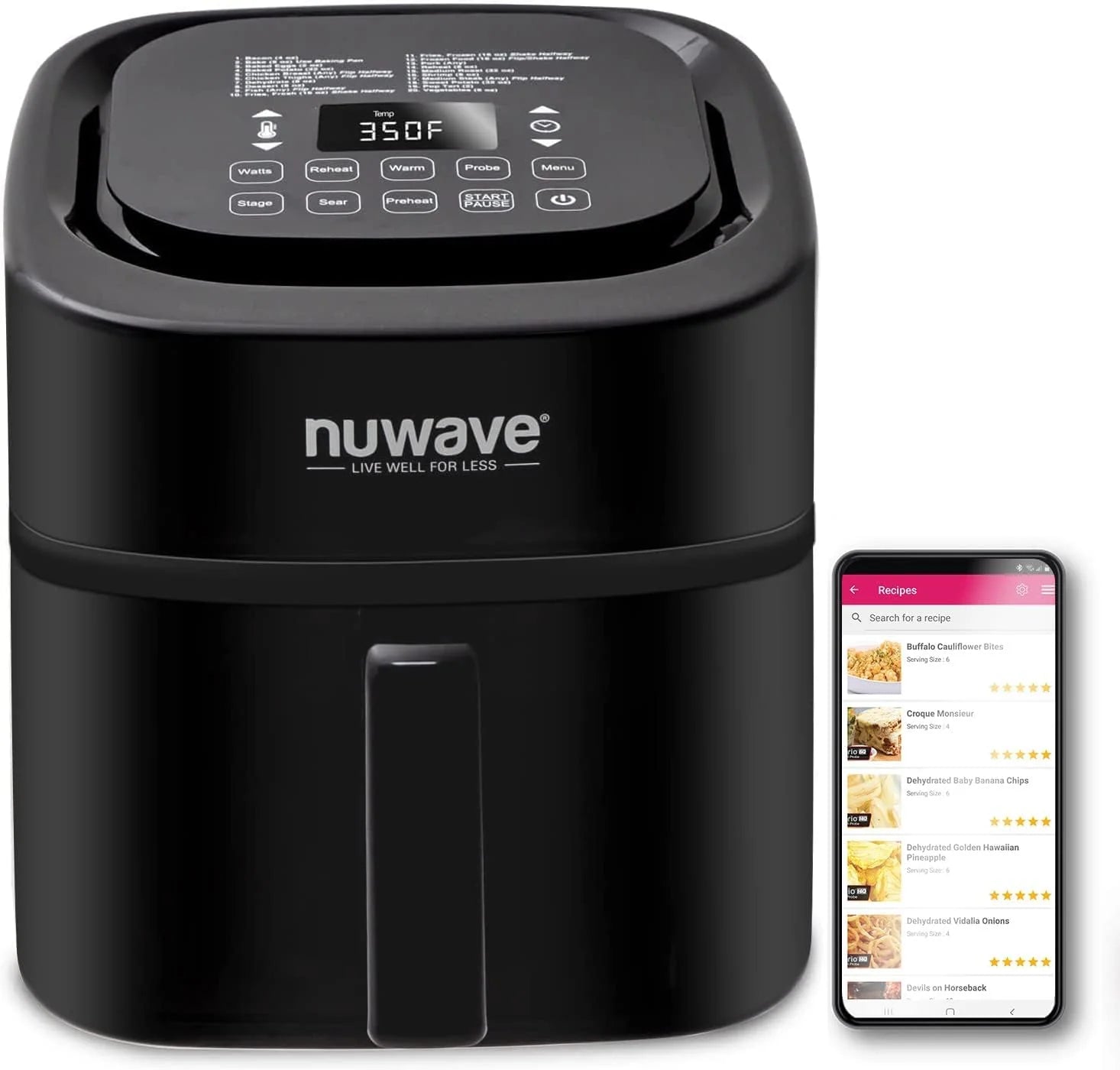 Nuwave Brio 15.5Qt Air Fryer/Oven quickly reheats, bakes, and dehydrates food with a temperature control range of 50��-425��F 1800W.