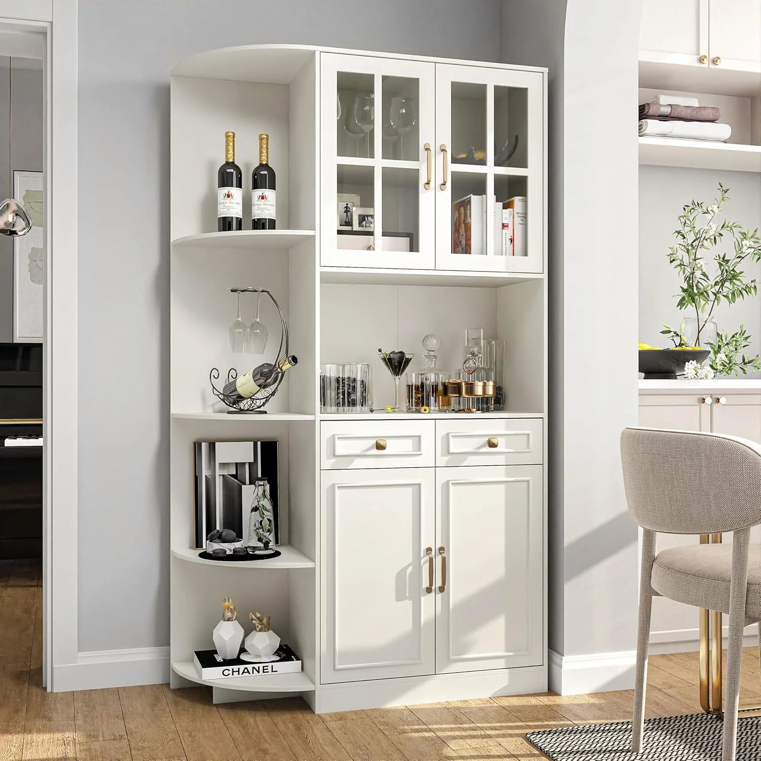 Kitchen Hutch Pantry Cabinet 71 Tall with Glass Doors