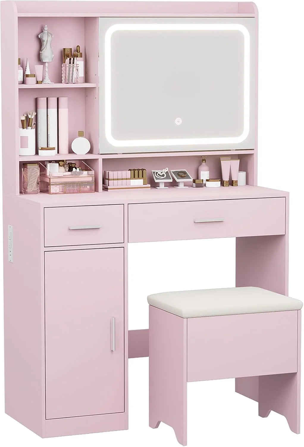 Vanity Desk with Sliding Mirror & Power Outlets - Dimmable LED Lighting