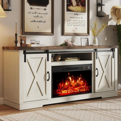 AMERLIFE Fireplace TV Stand with Sliding Barn Door for TVs up to 73, Farmhouse 63 Fireplace Entertainment Center with Storage Cabinets/Adjustable Shelves