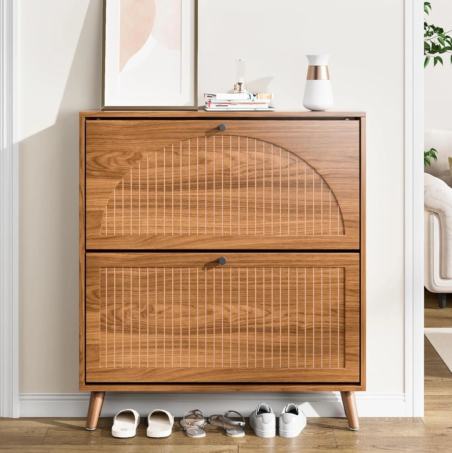Shoe Storage Cabinet for Entryway with 2 Flip Drawers Narrow Wood Shoe Cabinet with Fluted Panel