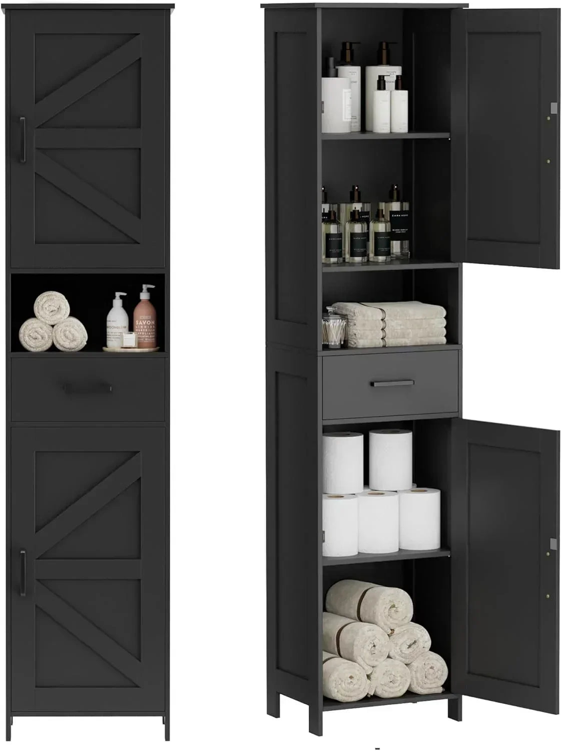 Homhedy 67 H Tall Bathroom Storage Cabinet with 2 Barn Doors and 1 Drawer Narrow Storage Unit