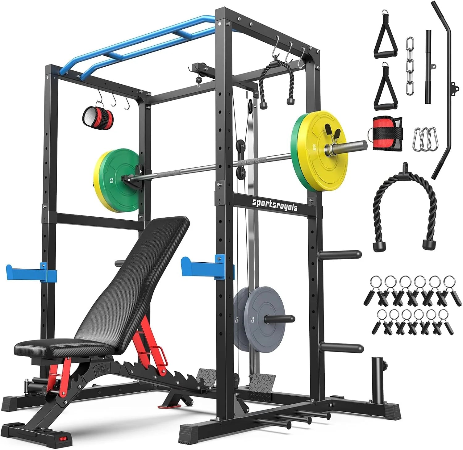 Sportsroyals Squat Rack, LAT Power Cage, Power Rack Multi-Function with Pulley System