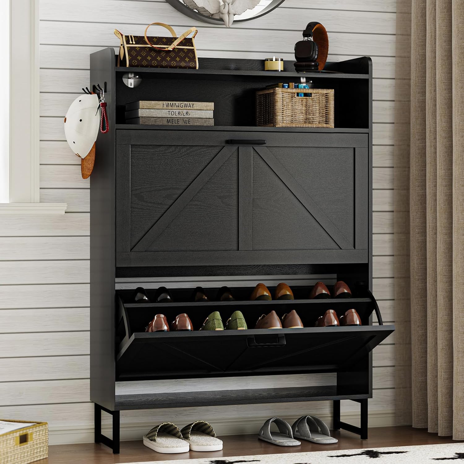 Shoe Cabinet with 2 Flip Drawers Narrow Shoe Storage Cabinet Organizer Wooden Freestanding Rack