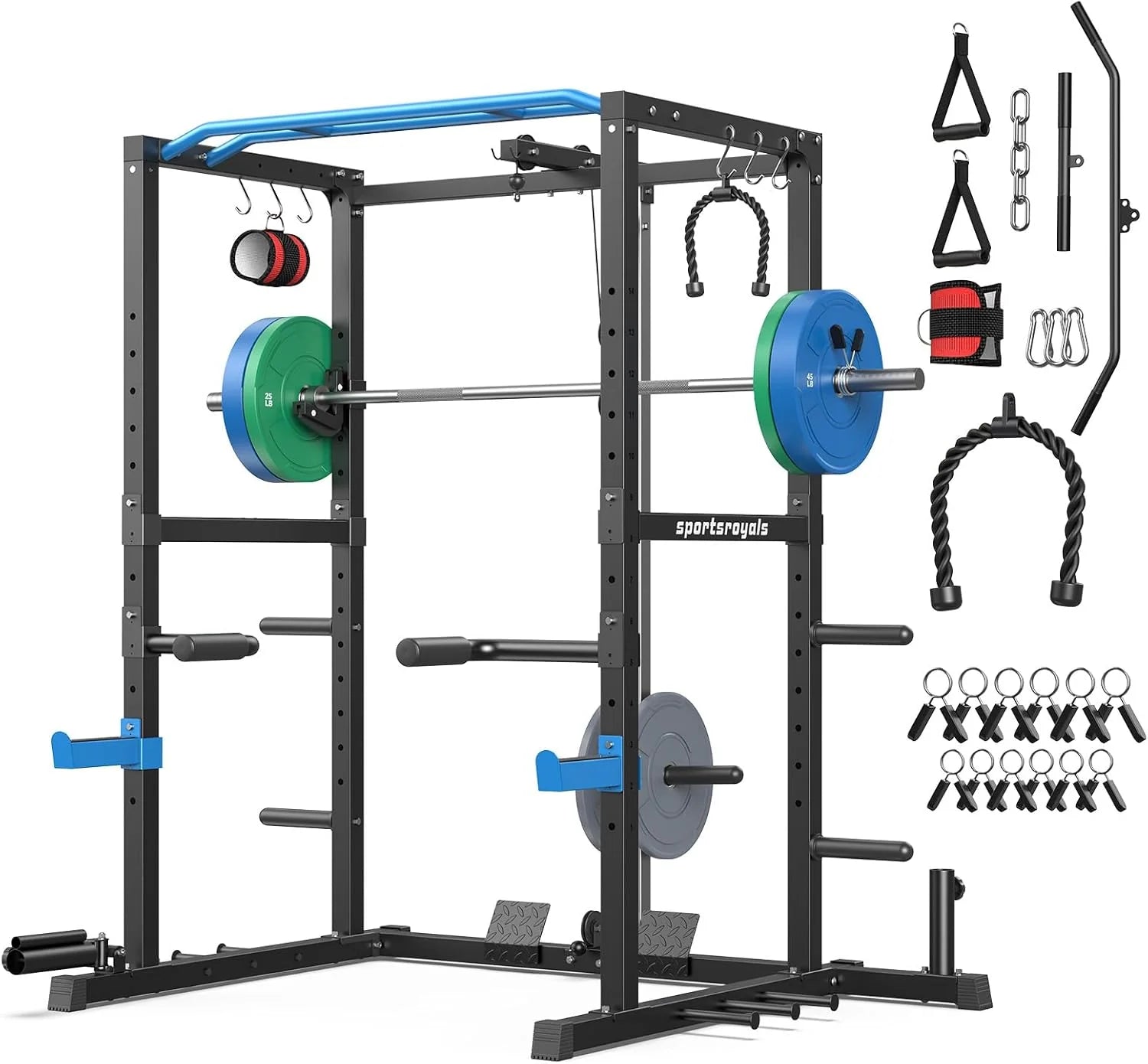 Sportsroyals Squat Rack, LAT Power Cage, Power Rack Multi-Function with Pulley System