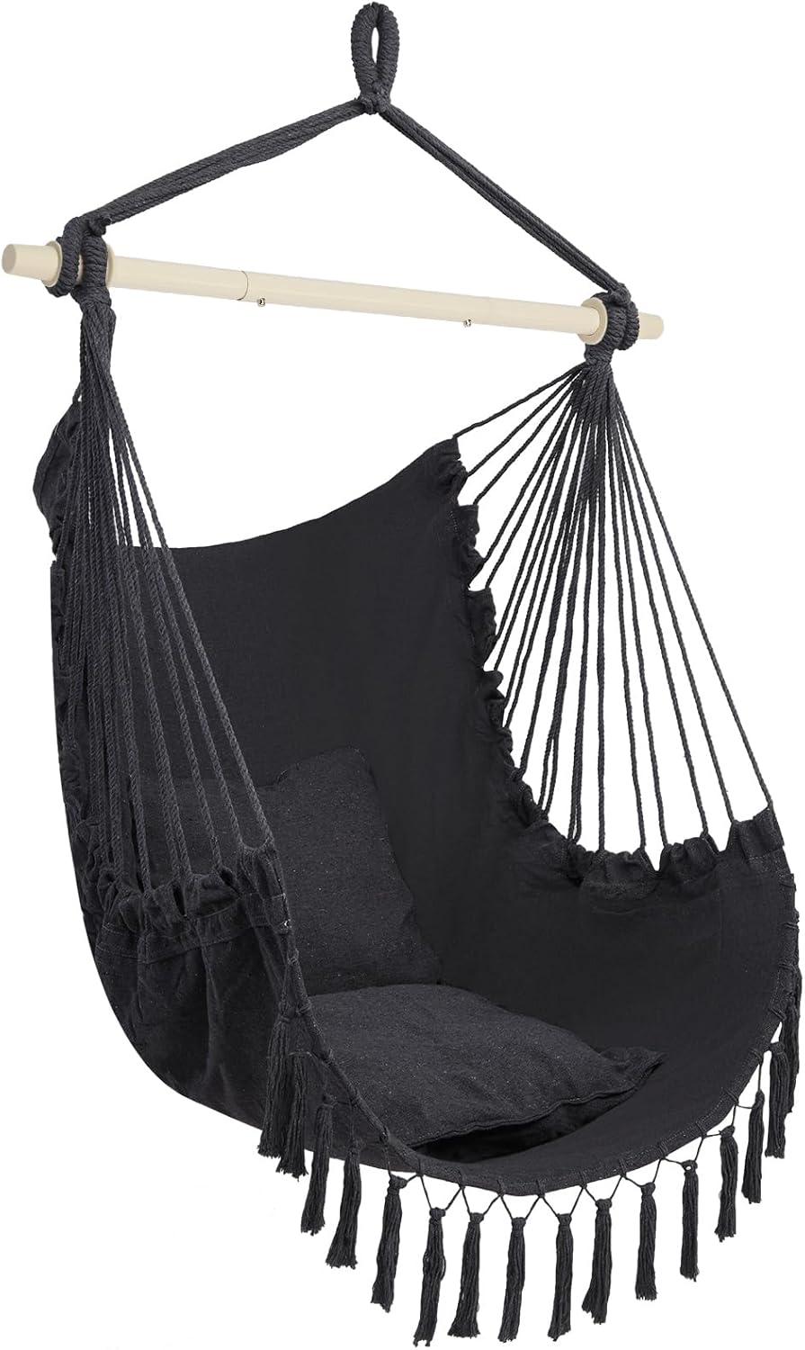 ONCLOUD Hammock Chair Hanging Rope Swing, Load Capacity Up to 550 LBS Macrame Hammock Swing Seat with Two Cushions, Hammock Seats with Portable Steel Spreader Bar for Indoor/Outdoor, Black