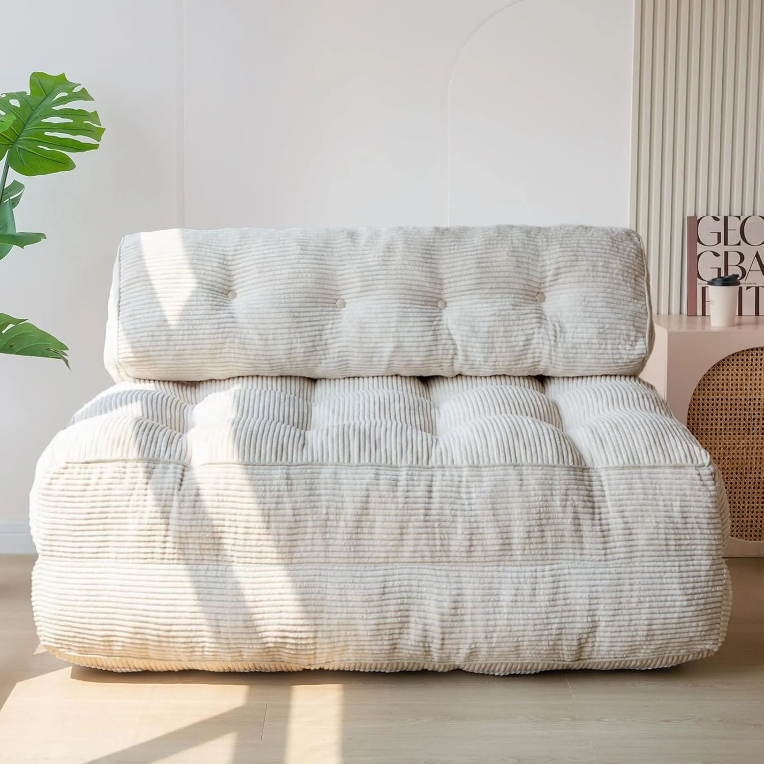 MAXYOYO Folding Sofa Bed, Convertible Sleeper Chair with Pilow Foldable Mattress with Back Support, Portable Fold Out Chair Bed Comfy Floor Sofa Lounge for Living Room Bedroom, Beige, Double