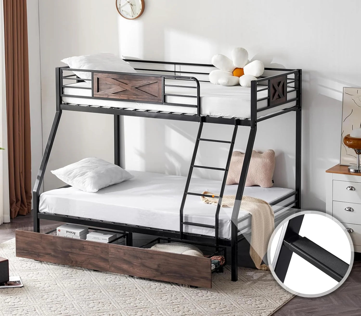 VINGLI Metal Bunk Bed Frame Twin Over Twin with LED Lights Non-Slip Ladder Full Length Guardrail