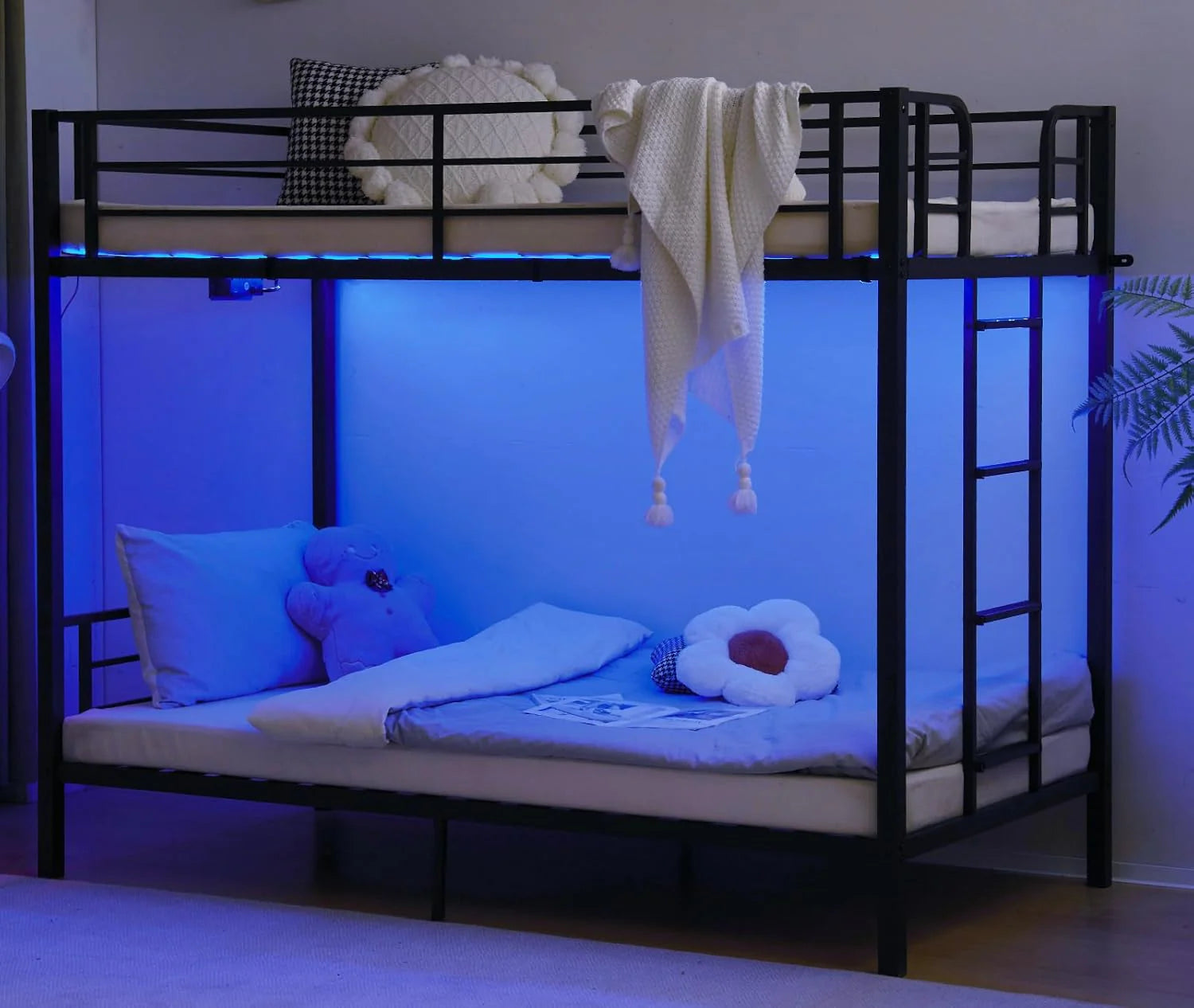 VINGLI Metal Bunk Bed Frame Twin Over Twin with LED Lights Non-Slip Ladder Full Length Guardrail