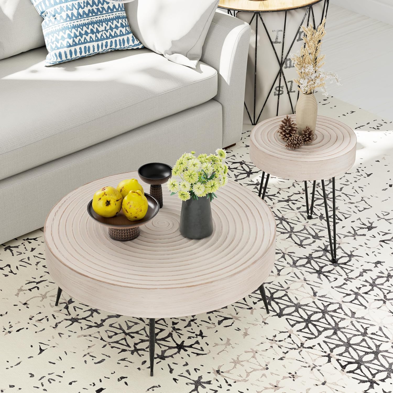 Two-Piece Modern Farmhouse Living Room Coffee Table Set Round Nesting Tables