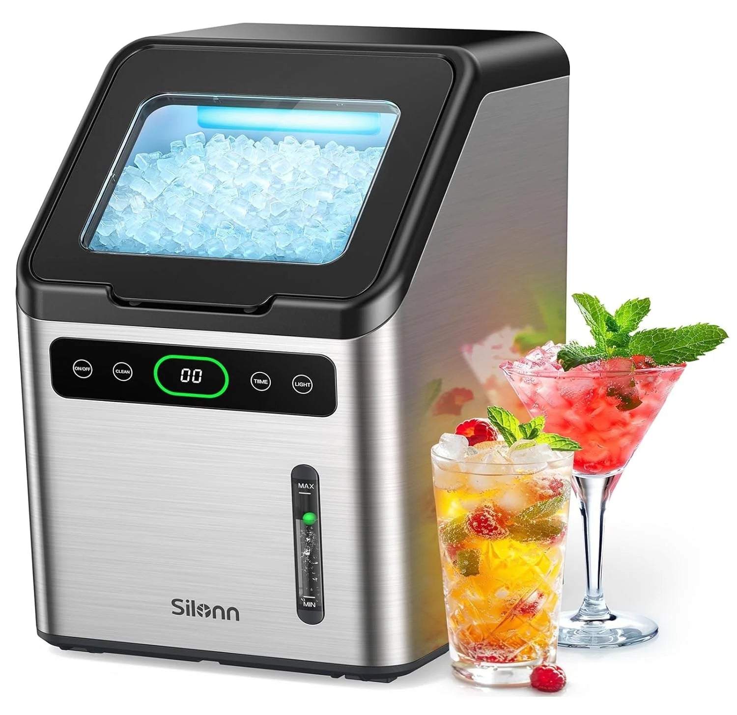 Nugget Ice Maker Countertop, Silonn Chewable Pellet Ice Machine with Self-Cleanin Function, 33lbs/24H Portable Ice Makers for Home Kitchen Officce, Black