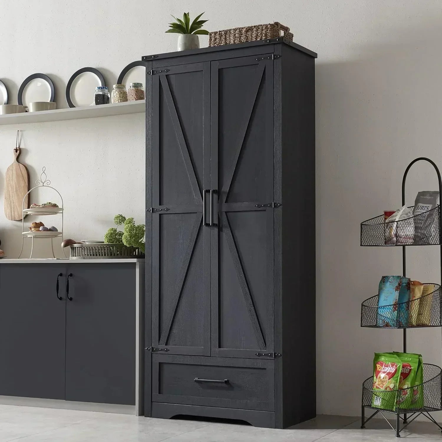 JXQTLINGMU Farmhouse Kitchen Pantry 72 Tall Wood Kitchen Storage Cabinet Adjustable Shelves