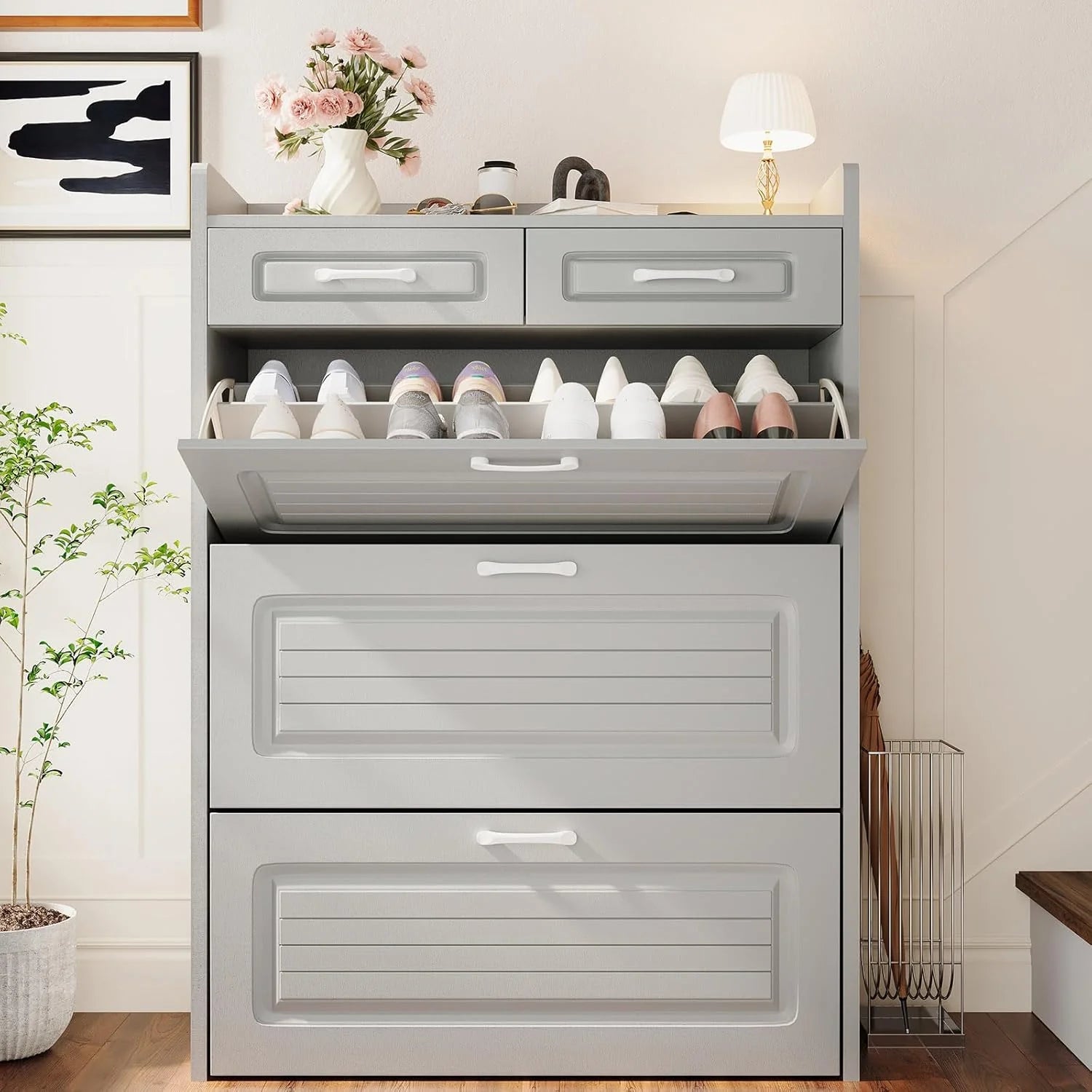 Shoe Cabinet with 3 Large Flip Drawers & 2 Storage Drawers, Narrow Shoe Organizer Cabinet Fits