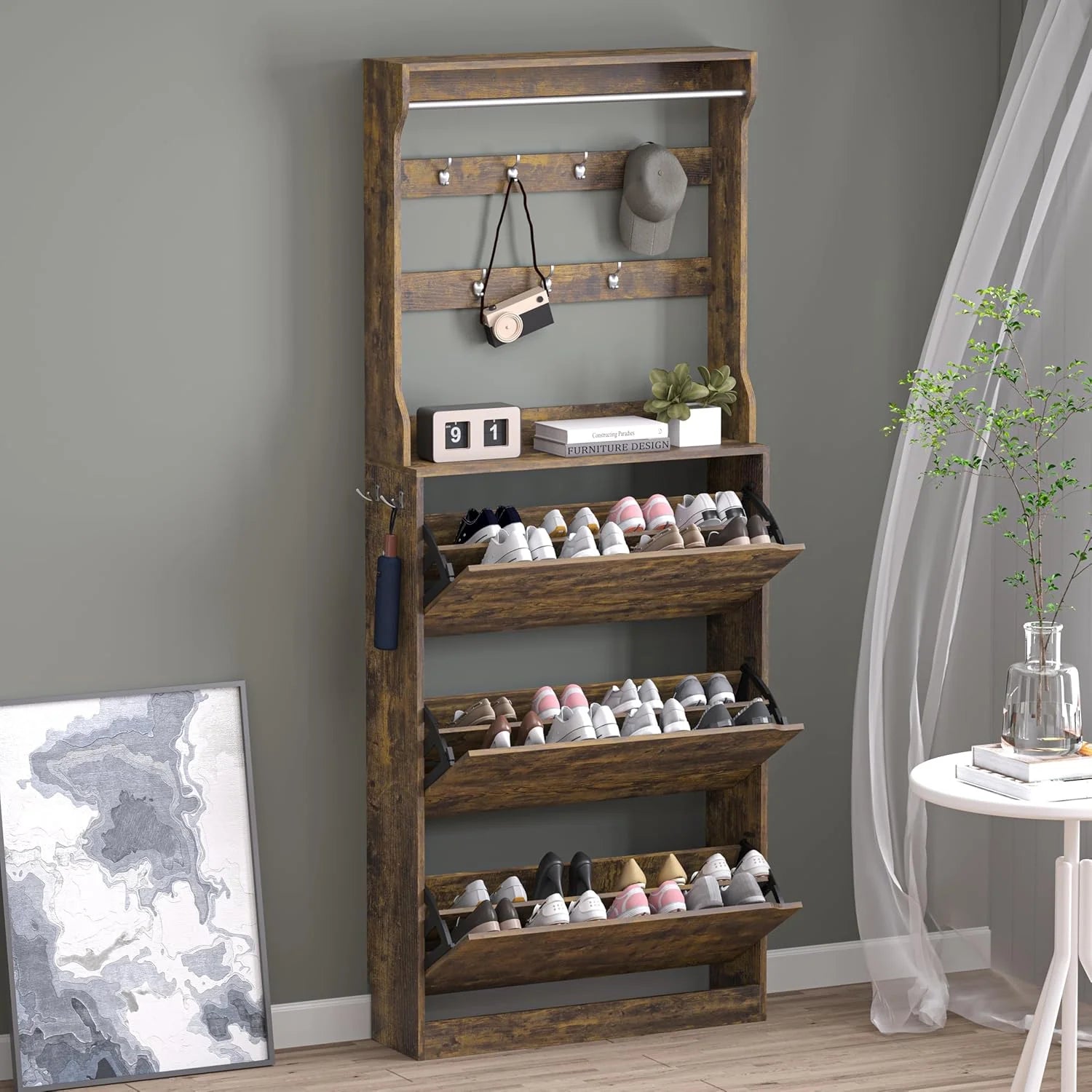 Shoe Cabinet with 3 Flip Drawers Hidden Wood Shoe Cabinet Freestanding Shoe Storage Cabinet