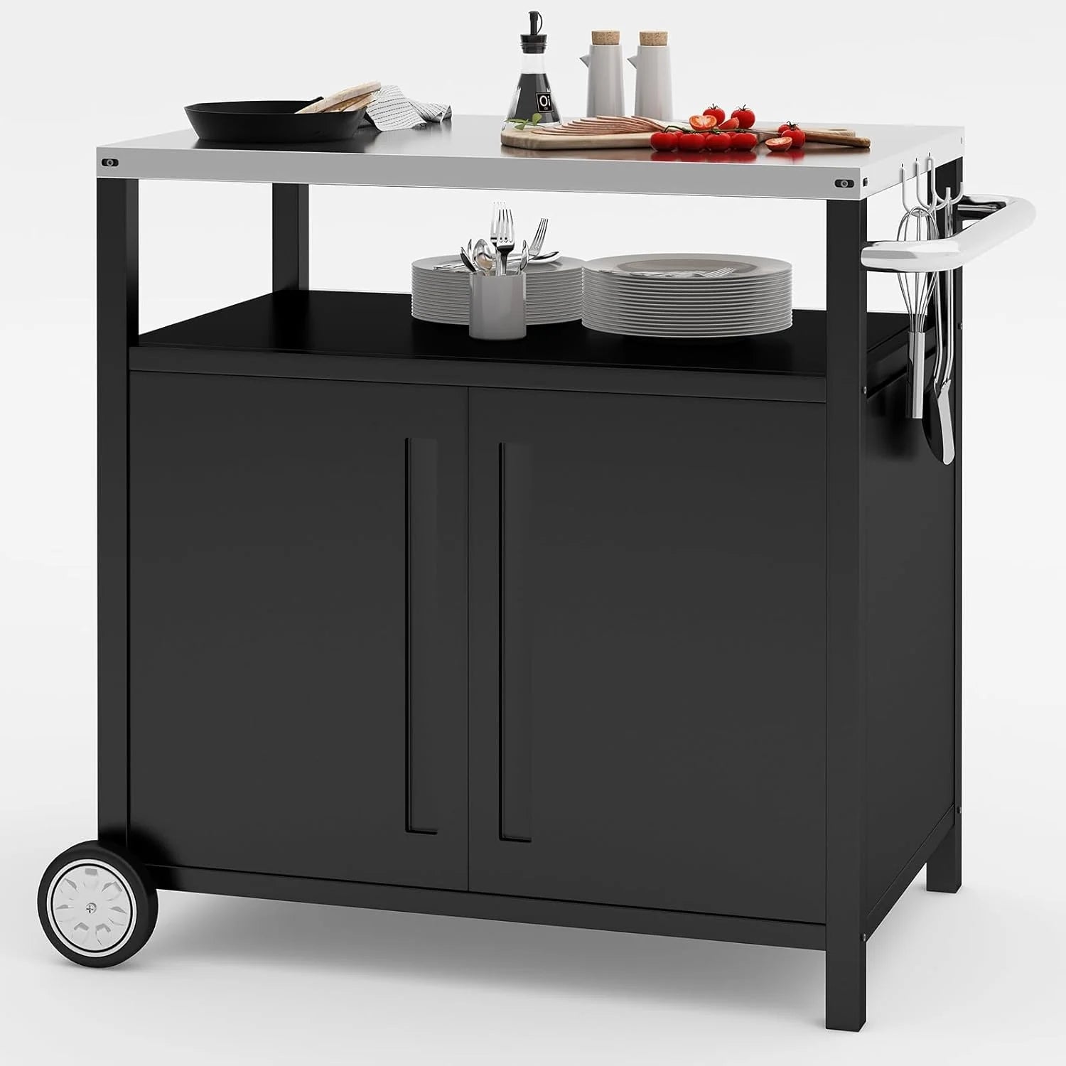 Stainless Steel Outdoor Grill Cart Pizza Oven Stand Trolley Table with Wheels Three-Shelf Movable Food Prep and Work Table Heavy Duty Grill Carts Outdoor Cart 31.5×24×35.5