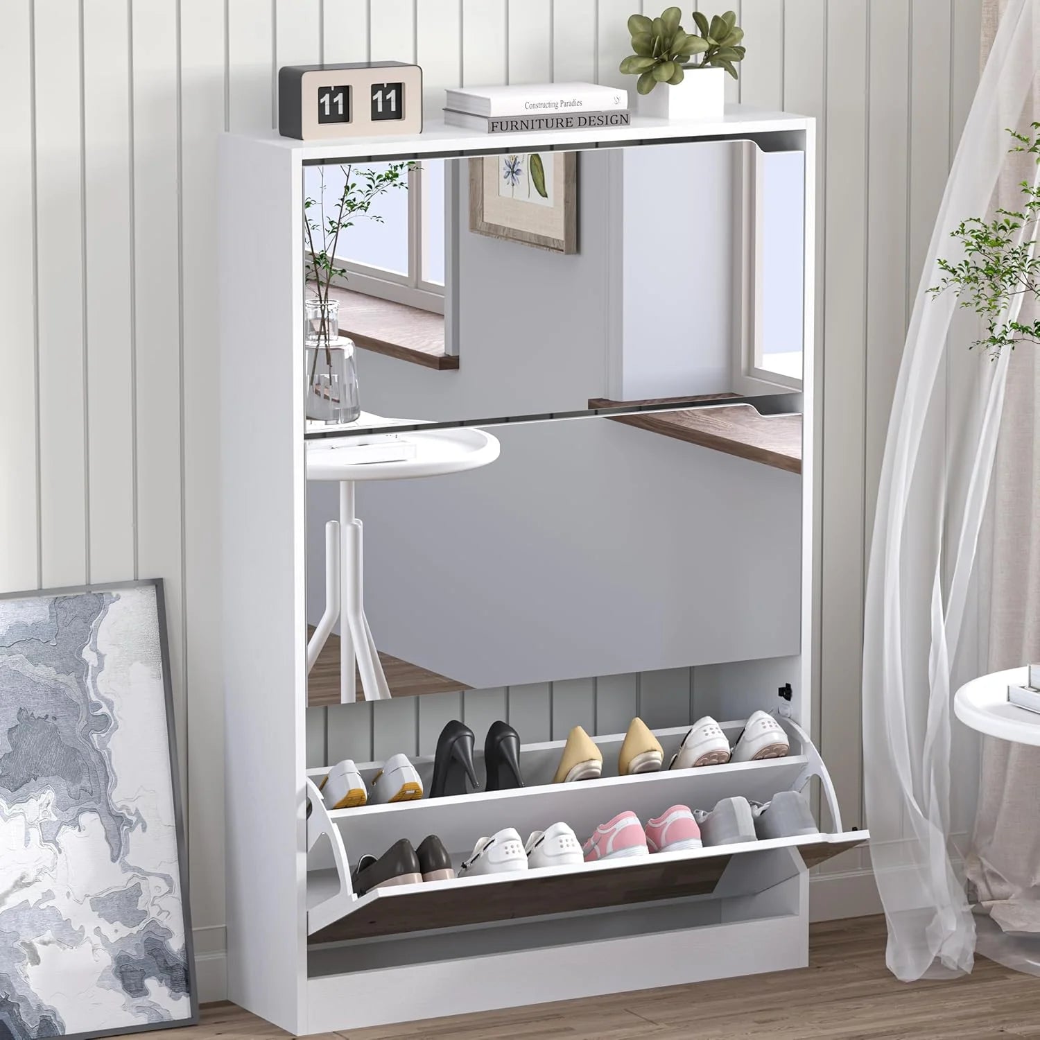 Shoe Cabinet with 3 Flip Drawers Hidden Wood Shoe Cabinet Freestanding Shoe Storage Cabinet