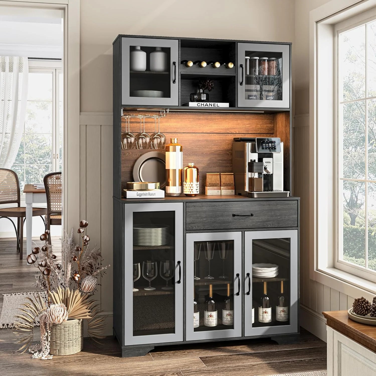 Kitchen Hutch Pantry Cabinet 71 Tall with Glass Doors