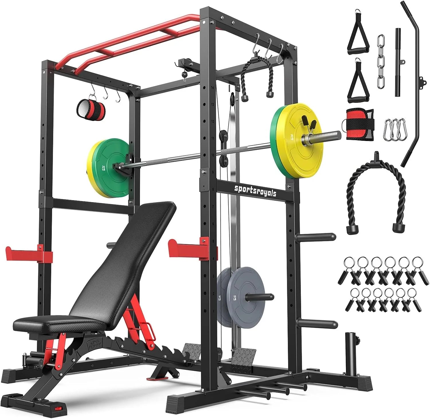 Sportsroyals Squat Rack, LAT Power Cage, Power Rack Multi-Function with Pulley System