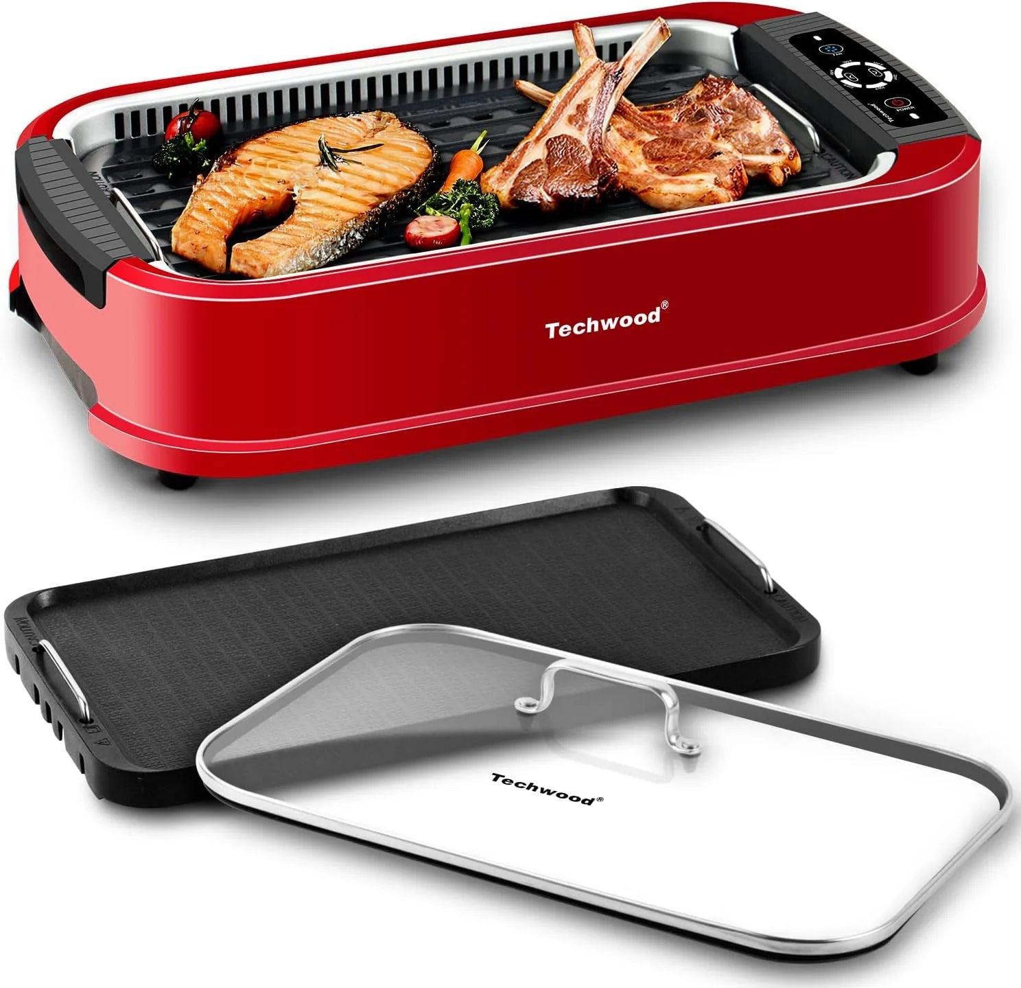 Indoor Smokeless Grill, Techwood 1500W Electric Indoor Grill with Tempered Glass Lid, Portable Non-stick BBQ Korean, Turbo Smoke Extractor Technology, Drip Tray& Double Removable Plate, Black