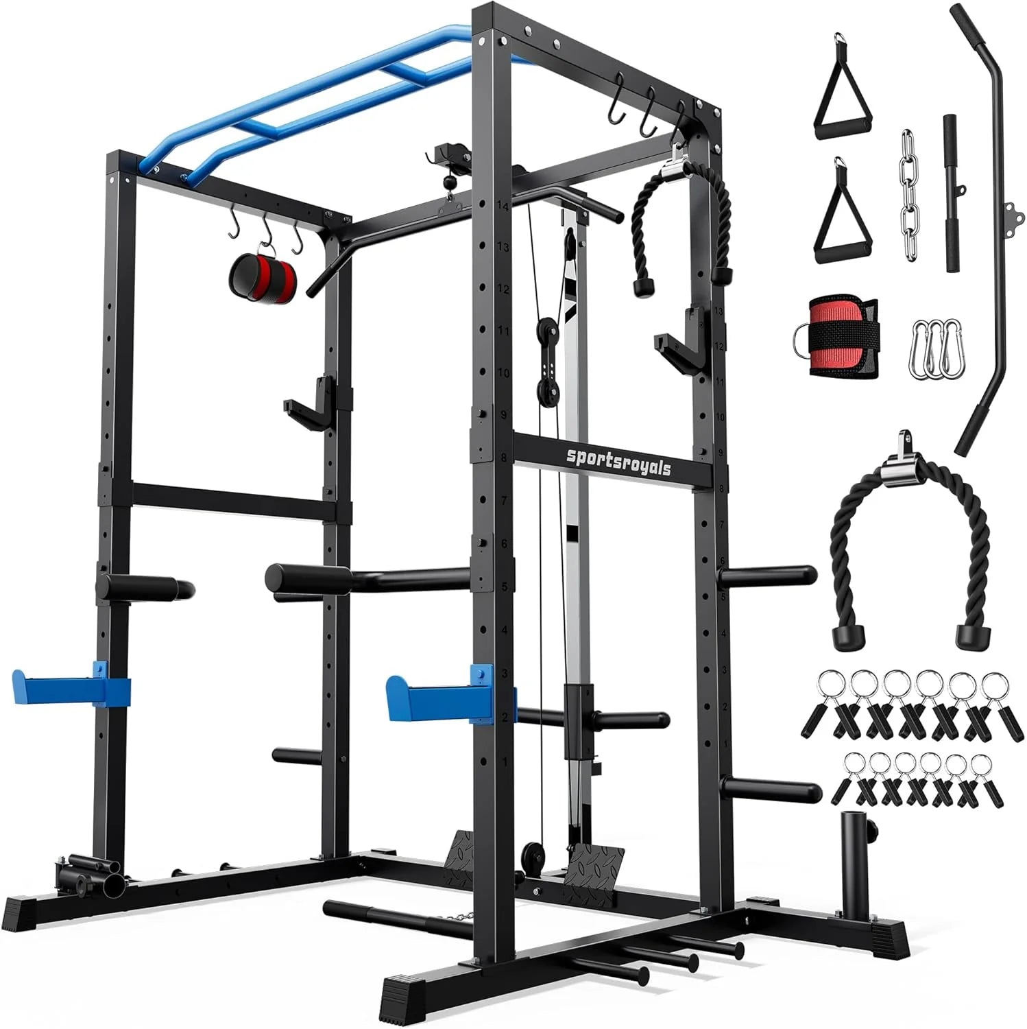 Sportsroyals Squat Rack, LAT Power Cage, Power Rack Multi-Function with Pulley System