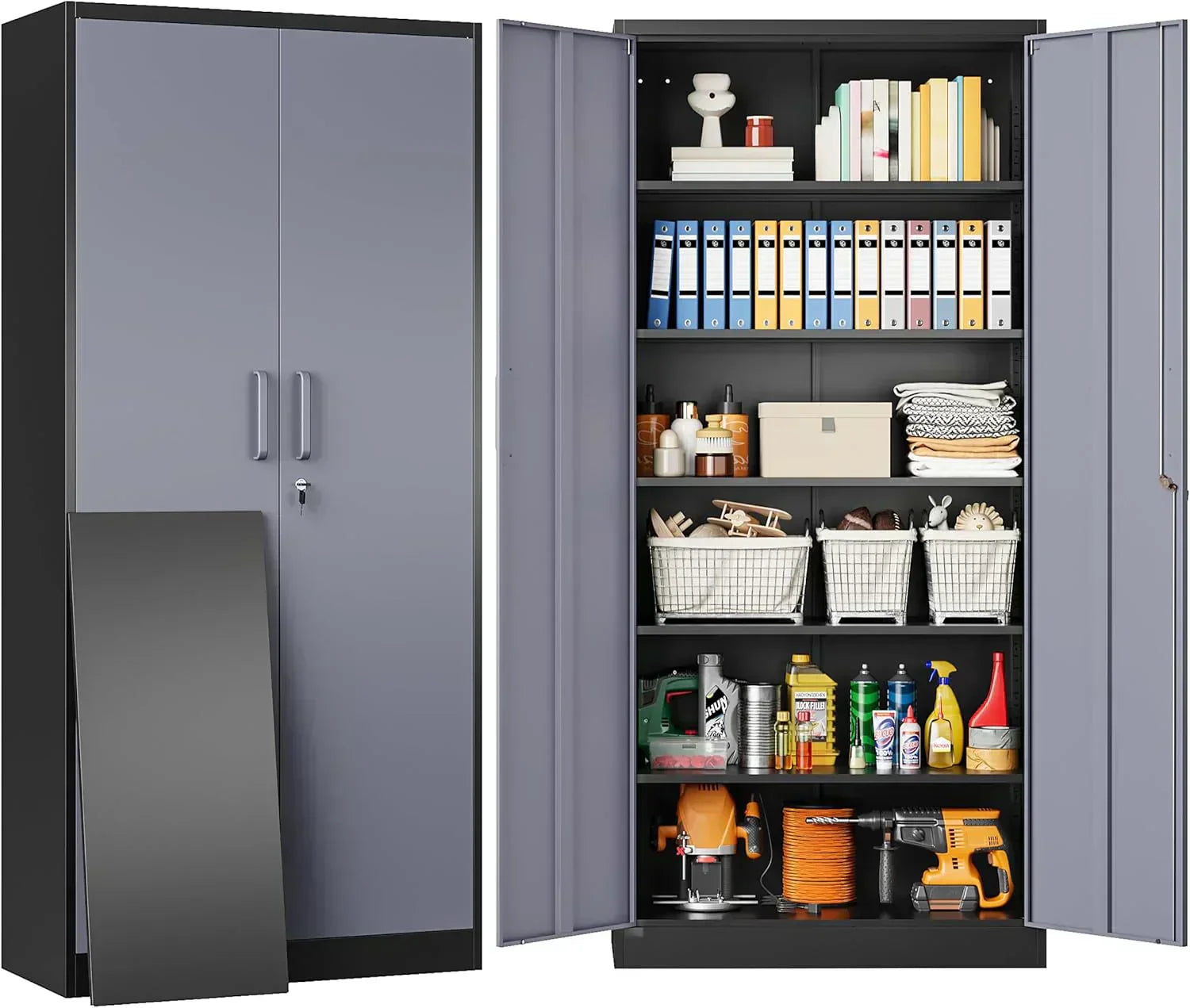 Metal Storage Cabinet with 2 Doors and 6 Shelves Black Metal Cabinet Garage Storage Cabinet