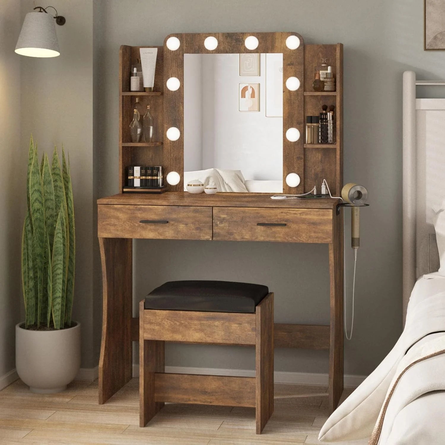 Vabches Vanity Desk with Lights,Makeup Vanity with Power Strip,Dressing Table Set