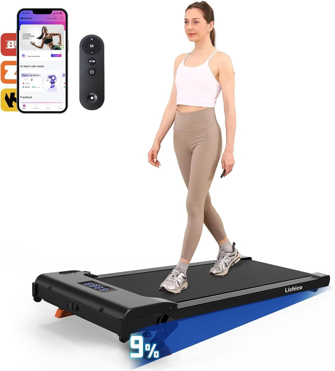 Lichico Walking Pad Under Desk Treadmill, Ultra-Quiet Brushless Electric Walking and Jogging Treadmill with Remote Control