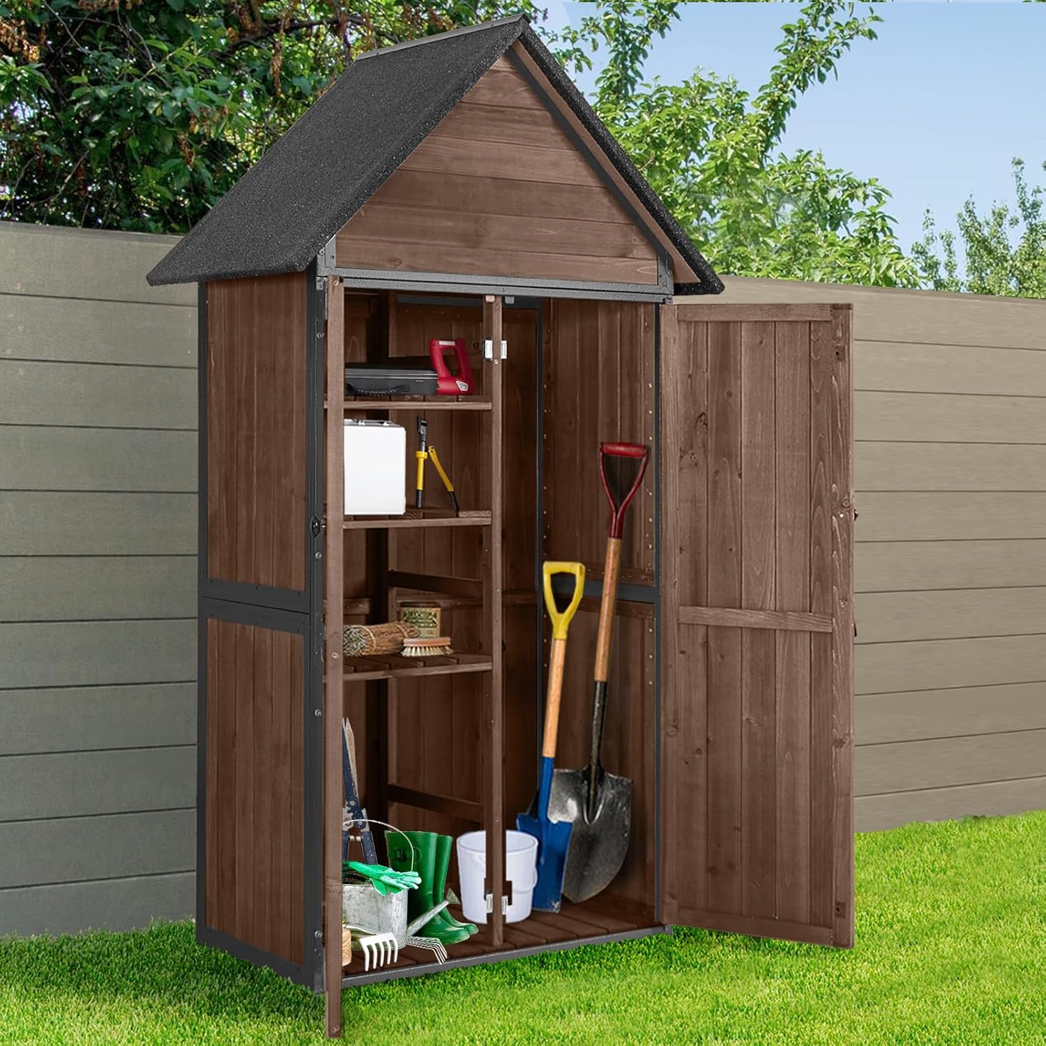 Sheds Outdoor Storage Garden Shed with Metal Frame Structure and Adjustable Shelves