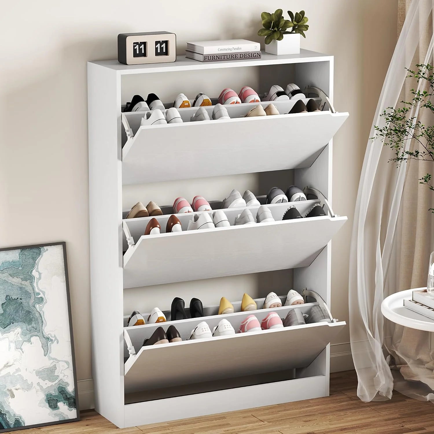 Shoe Cabinet with 3 Flip Drawers Hidden Wood Shoe Cabinet Freestanding Shoe Storage Cabinet