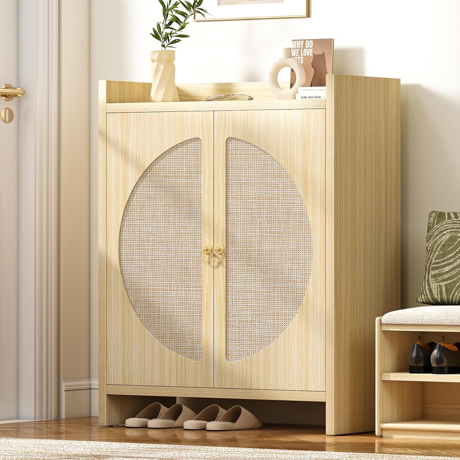 Shoe Cabinet Storage for Entryway - Rattan Entry Way Shoe Storage Cabinet