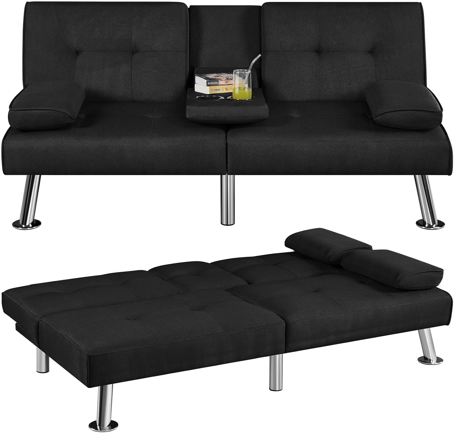 Yaheetech Convertible Sofa Bed Adjustable Couch Sleeper Modern Faux Leather Home Recliner Reversible Loveseat Folding Daybed Guest Bed, Removable Armrests, Cup Holders, 3 Angles, 772lb Capacity, Brown