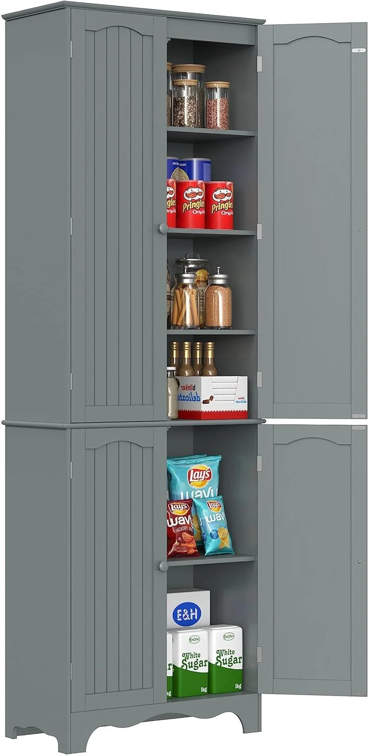 Tall Pantry Cabinet, Freestanding Storage Cabinet, Wooden Kitchen Pantry with 4 Doors and 5 Shelves, 72 Floor Cabinet Organizer