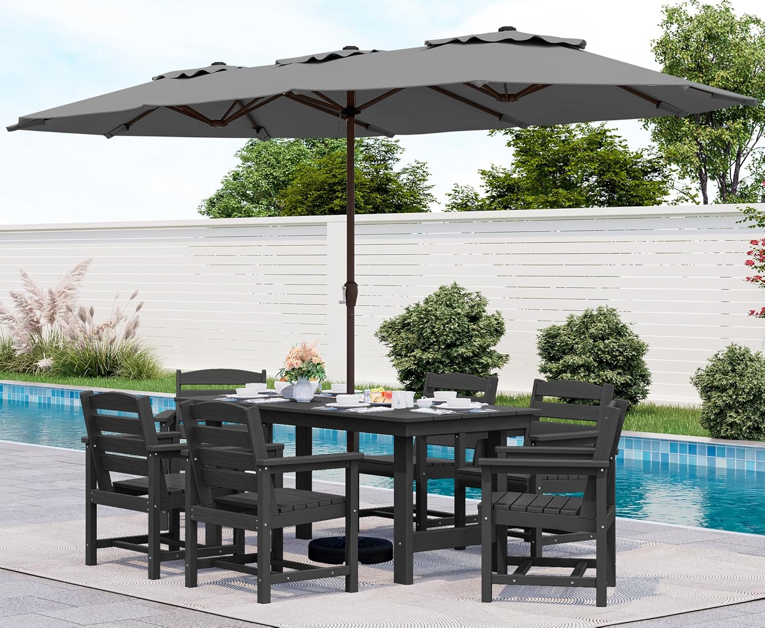SERWALL 7-Piece Patio Dining Table Sets, Outdoor HDPE Dining Furniture Set with Umbrella Hole Cut-Out Table and 6 Chairs, Blue