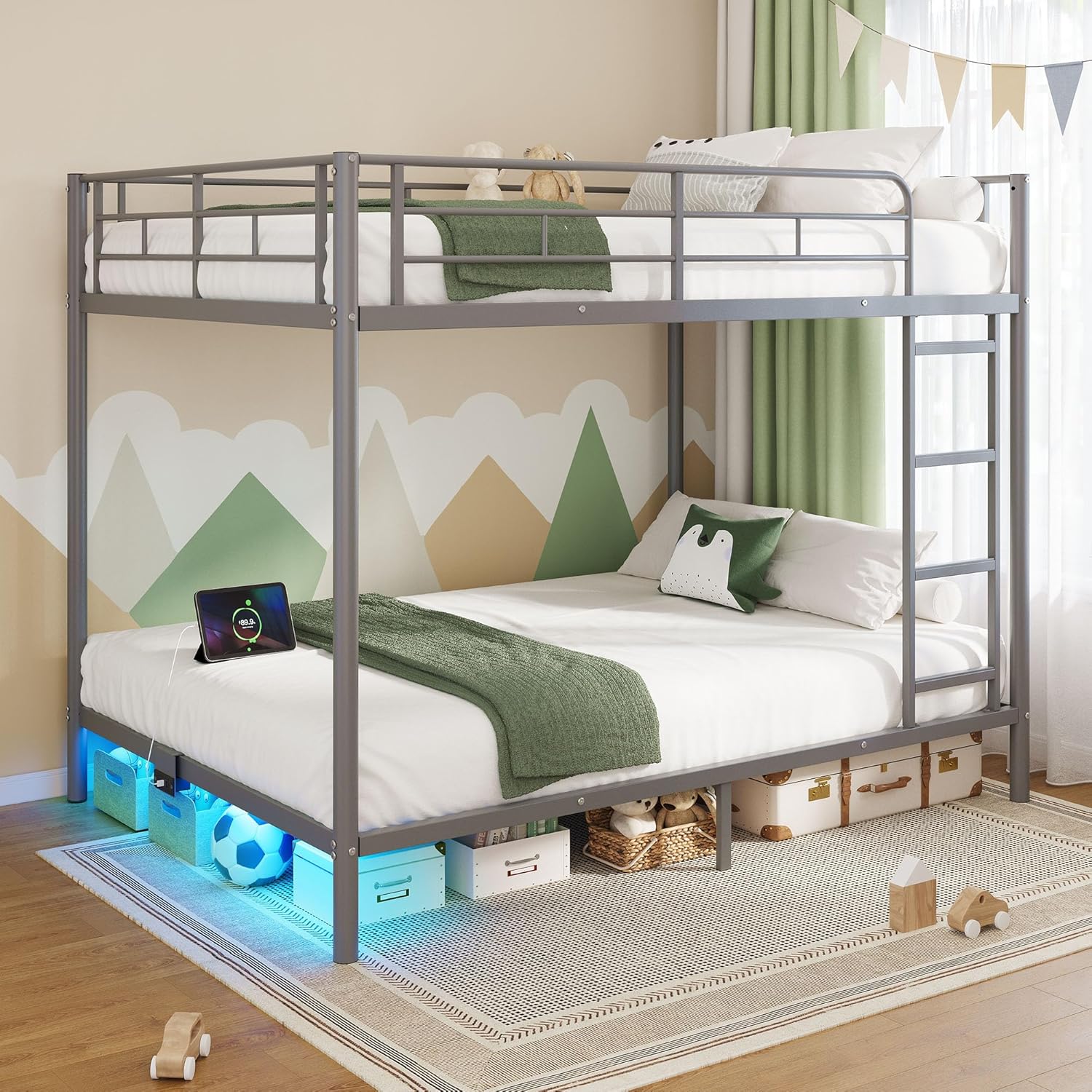 Rolanstar Metal Bunk Bed Twin Over Twin USB Charging Station LED Bunk Bed 2 Storage Drawers