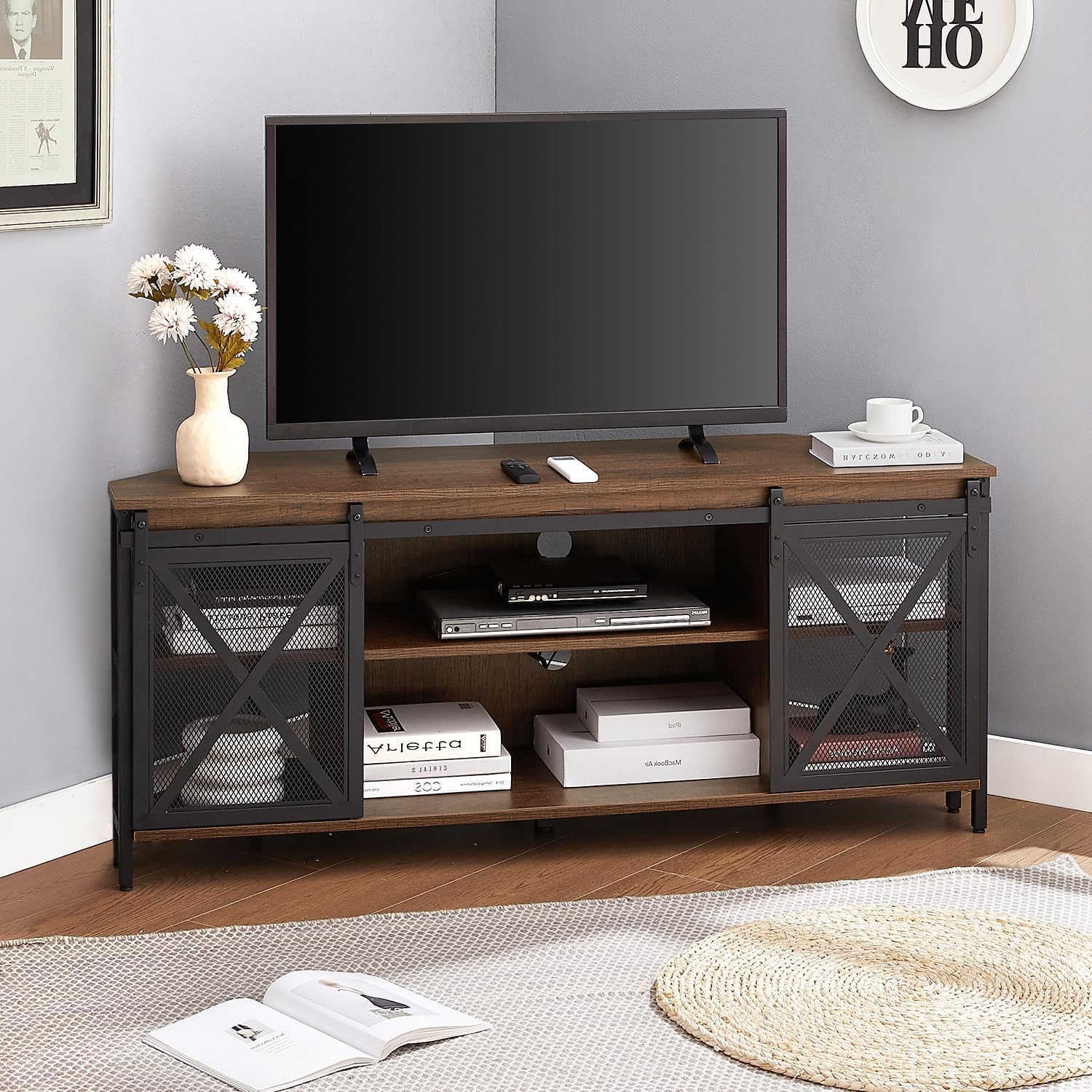 HOMISSUE Corner TV Stand for 55 Inch TV, Rustic Corner Entertainment Center with Storage