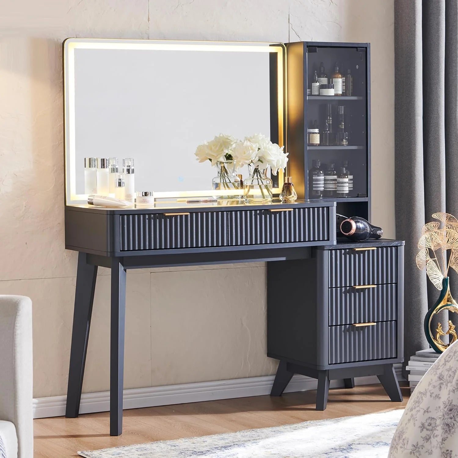 T4TREAM 48 Fluted Makeup Vanity Desk with Large 36 Mirror and Lights