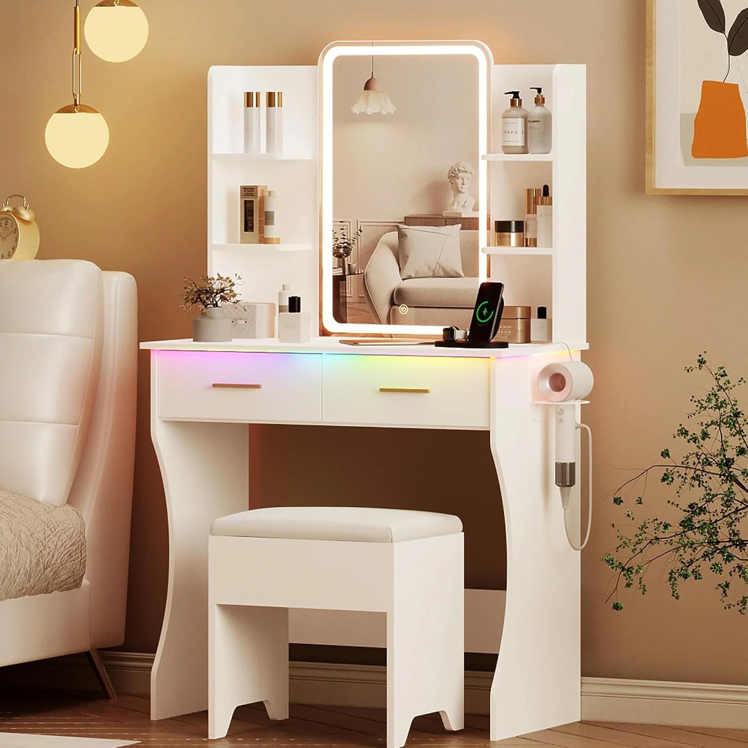 Vanity Desk with LED Lights Mirror & Power Outlet, Small Makeup Vanity Table Set