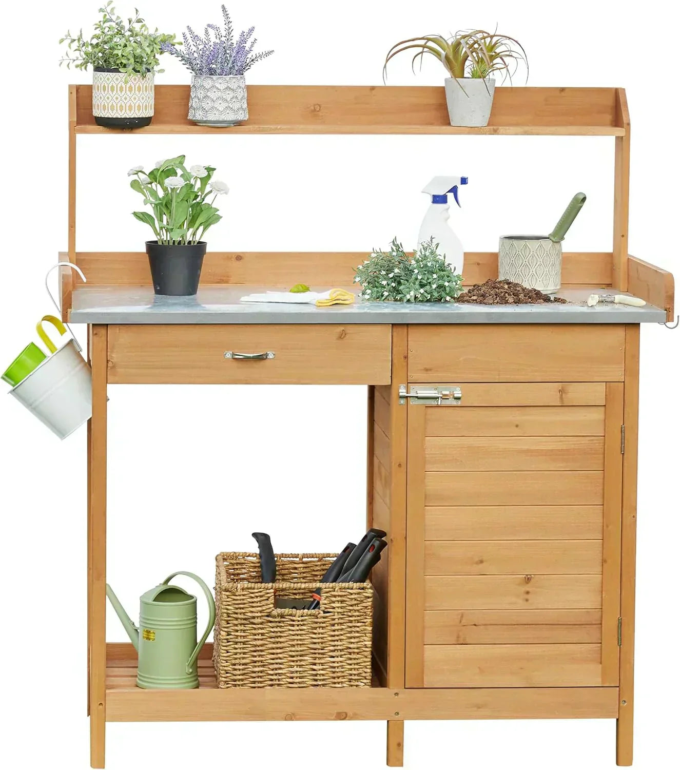 Yaheetech Outdoor Garden Potting Bench Table Work Bench Metal Tabletop Cabinet Drawer