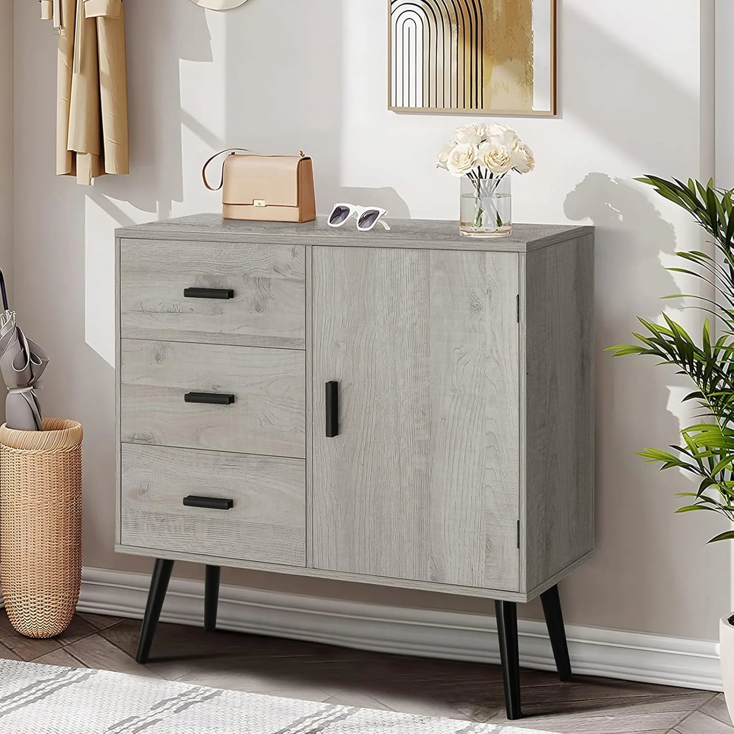Iwell Storage Cabinet with 2 Drawers & Adjustable Shelves, Cupboard, Floor Cabinet