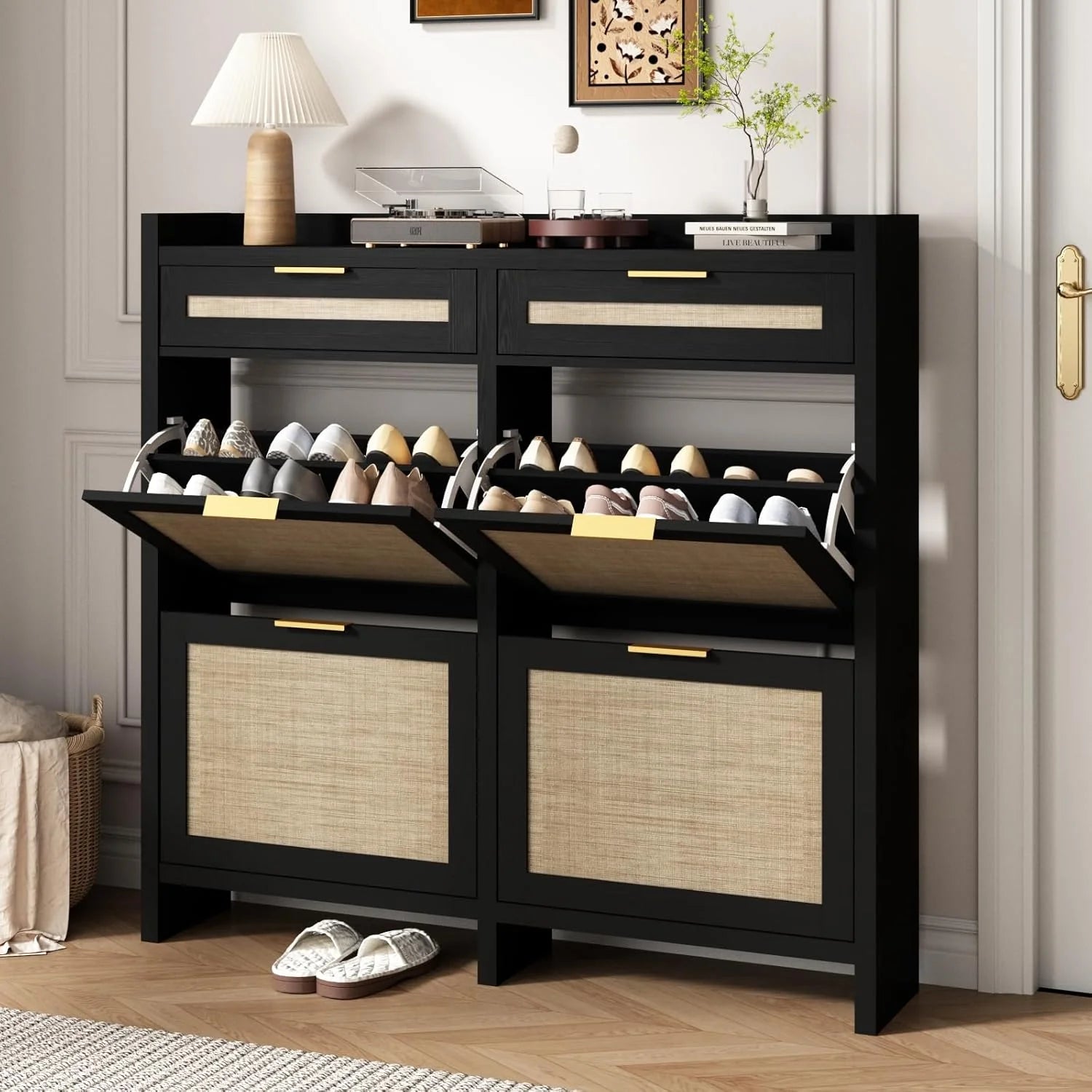 Large Rattan Shoe Storage Cabinet with 4 Flip Drawers & 2 Storages–Hidden Slim Shoe Organizer