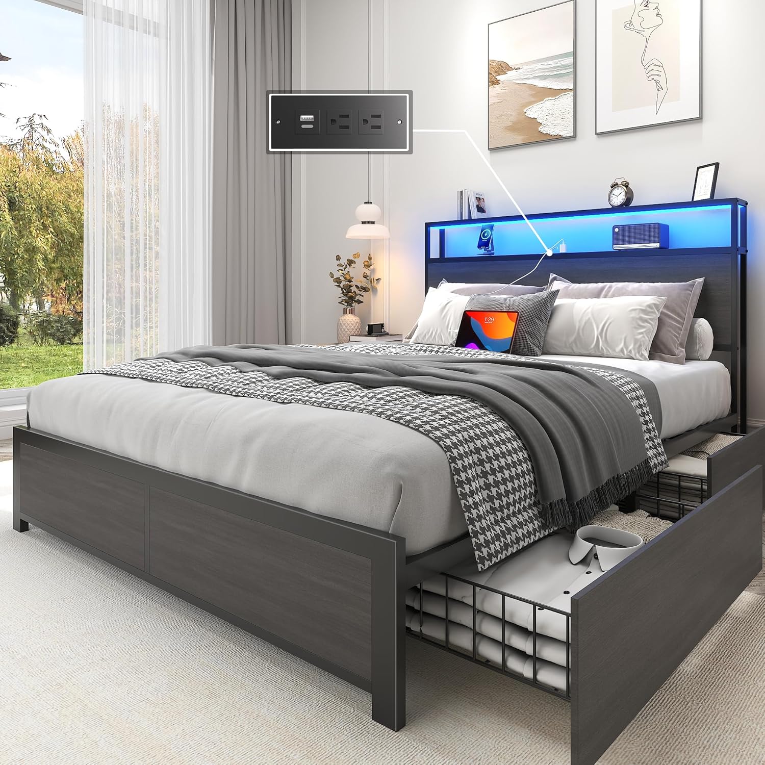 Lifezone Queen Bed Frame 2-Tier Storage Headboard Metal Platform Bed Frame 4 Storage Drawers