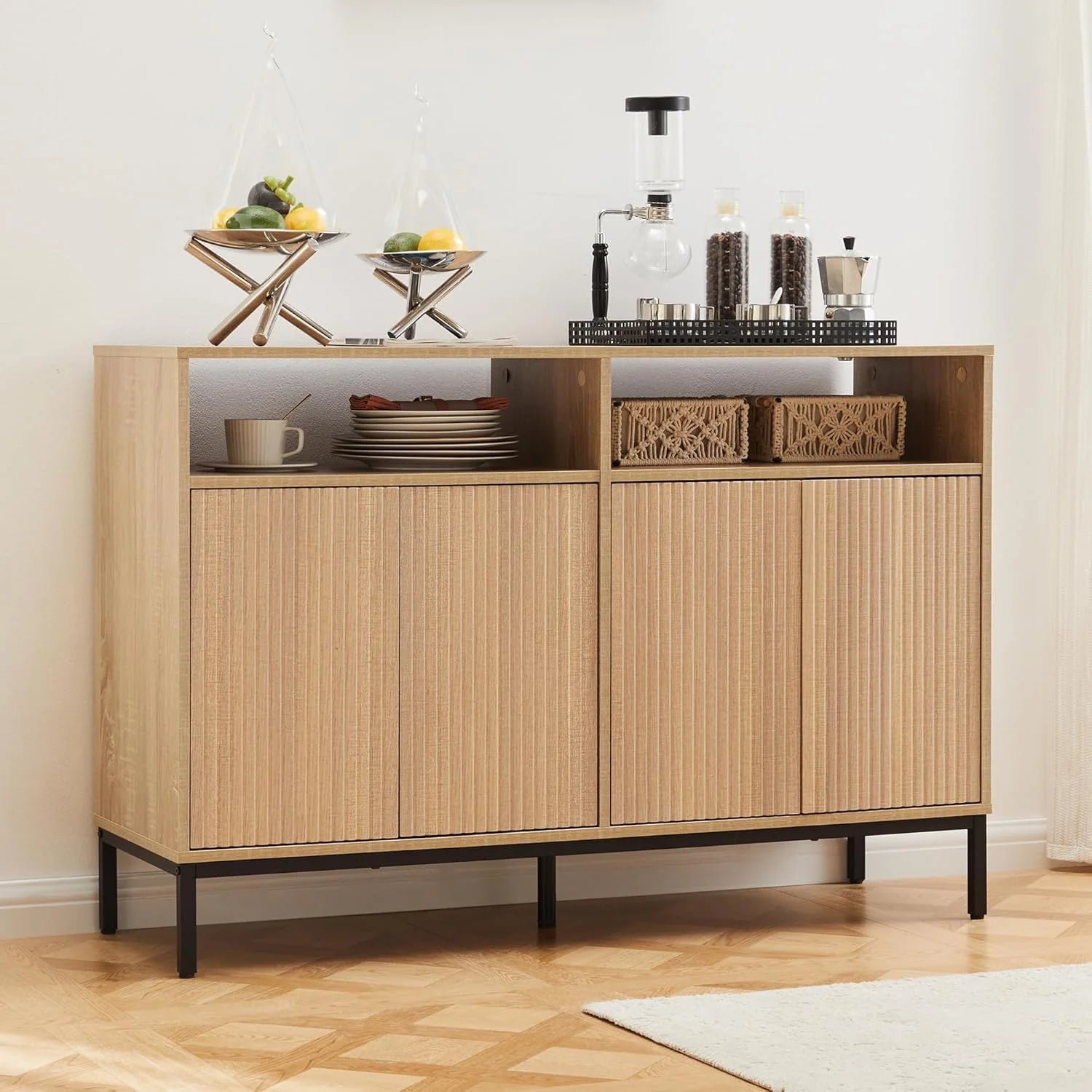 Mericonia Farmhouse Buffet Sideboard Cabinet with Storage Fluted Coffee Bar with Doors
