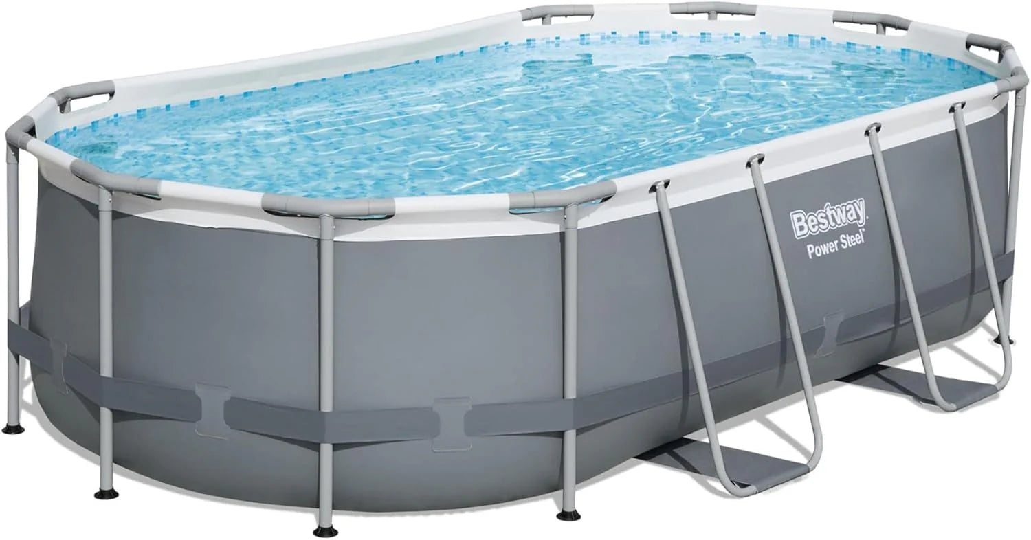 Power Steel 14' x 8'2 x 39.5 Oval Above Ground Pool Set | Includes 530gal Filter Pump, Ladder, ChemConnect Dispener