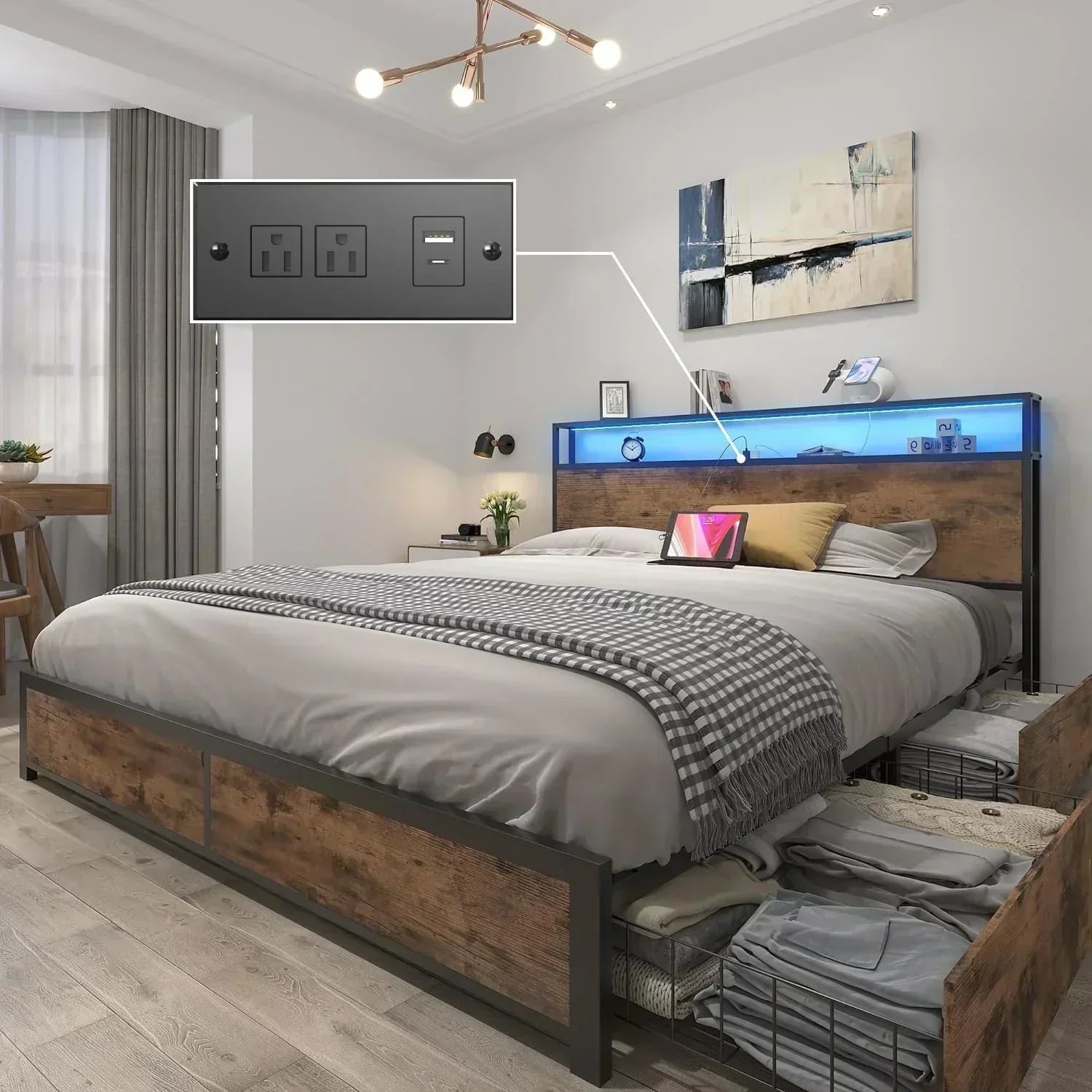 Lifezone Queen Bed Frame 2-Tier Storage Headboard Metal Platform Bed Frame 4 Storage Drawers