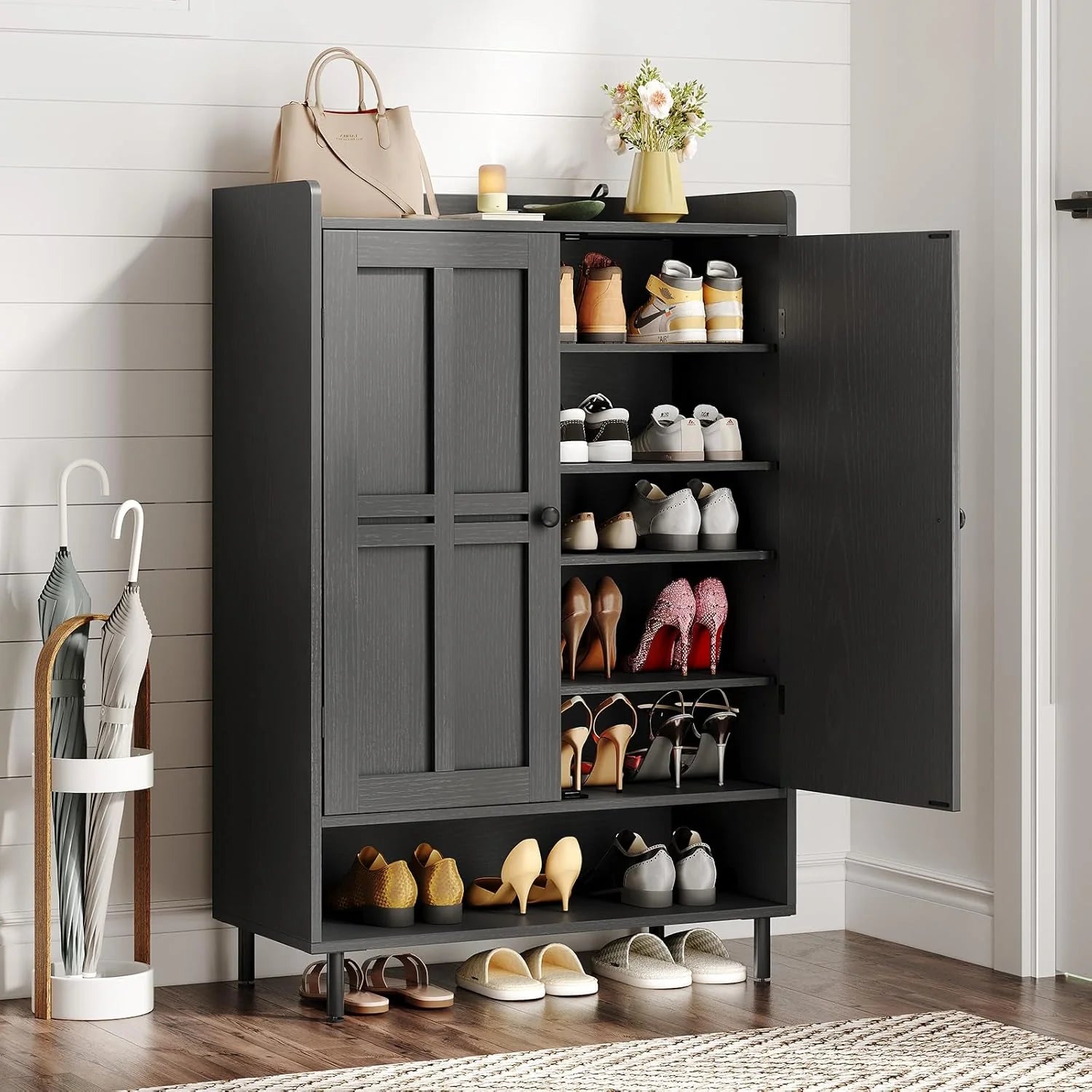 ONBRILL Shoe Storage Cabinet with Cross Molding Doors, 6-Tier Farmhouse Shoe Cabinet