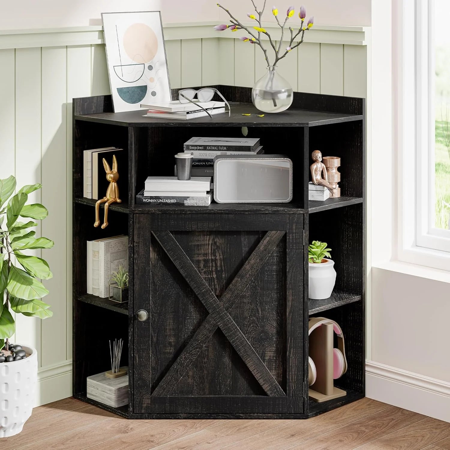 Vabches Corner Cabinet, Corner Storage Shelf with USB Ports and Outlets Industrial Organizer