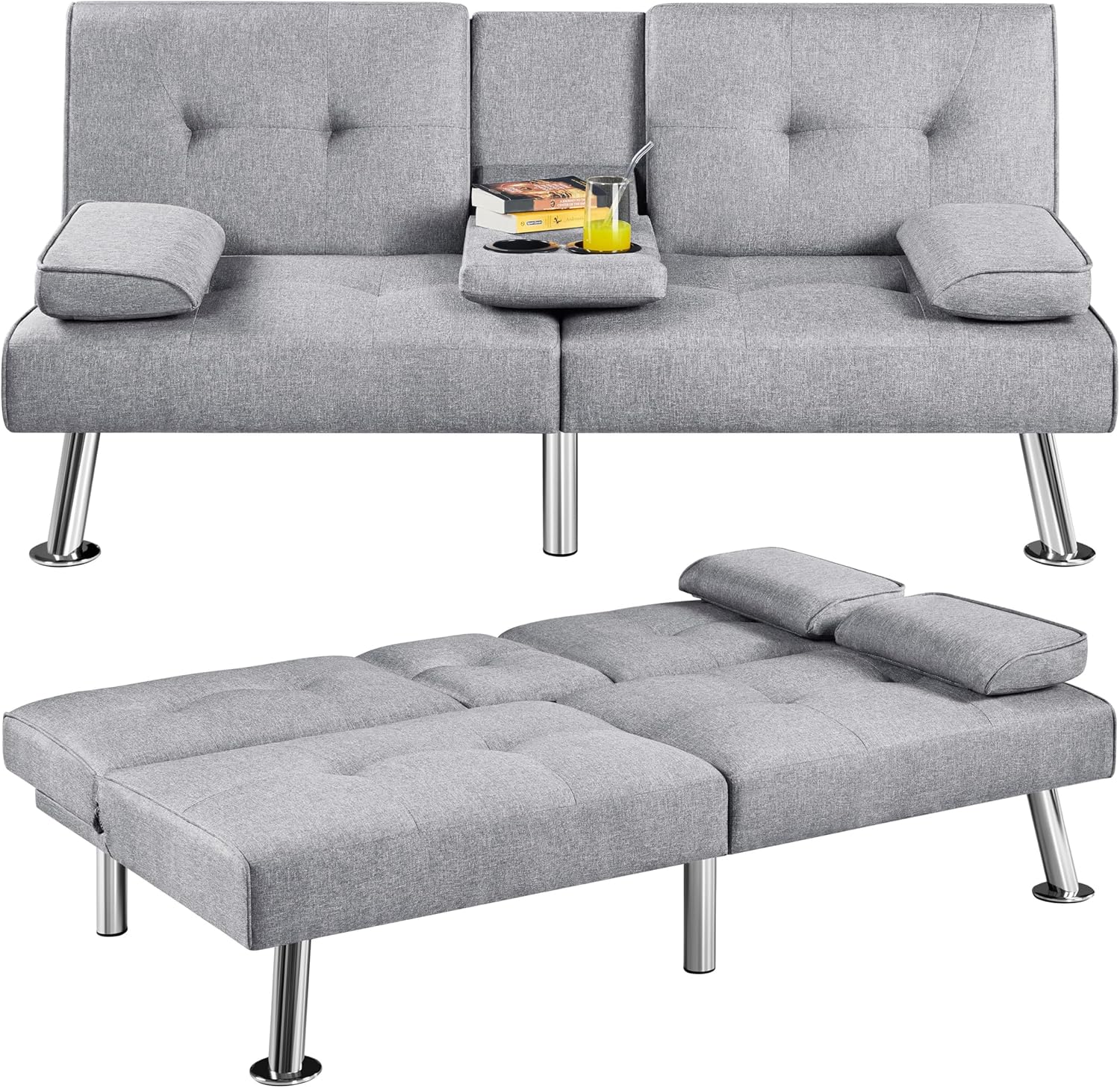 Yaheetech Convertible Sofa Bed Adjustable Couch Sleeper Modern Faux Leather Home Recliner Reversible Loveseat Folding Daybed Guest Bed, Removable Armrests, Cup Holders, 3 Angles, 772lb Capacity, Brown
