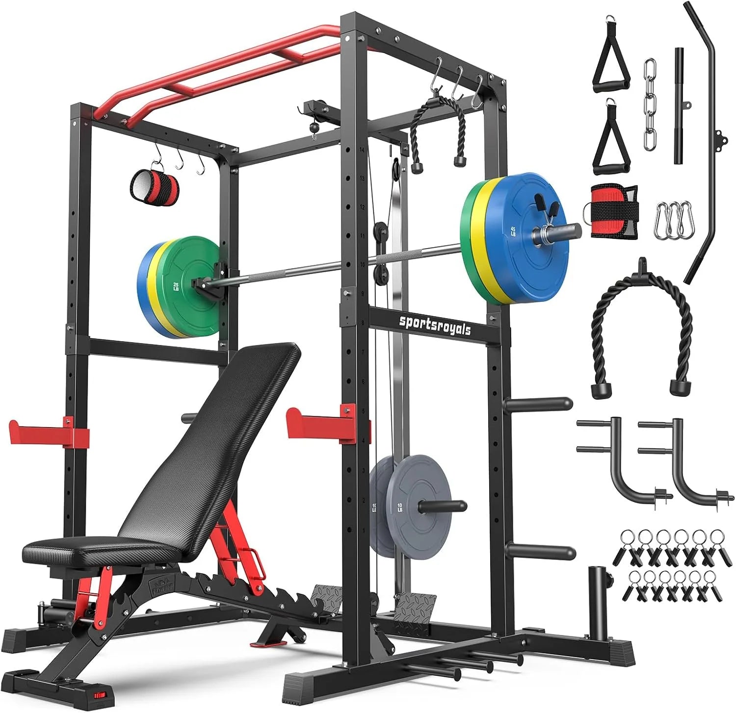 Sportsroyals Squat Rack, LAT Power Cage, Power Rack Multi-Function with Pulley System