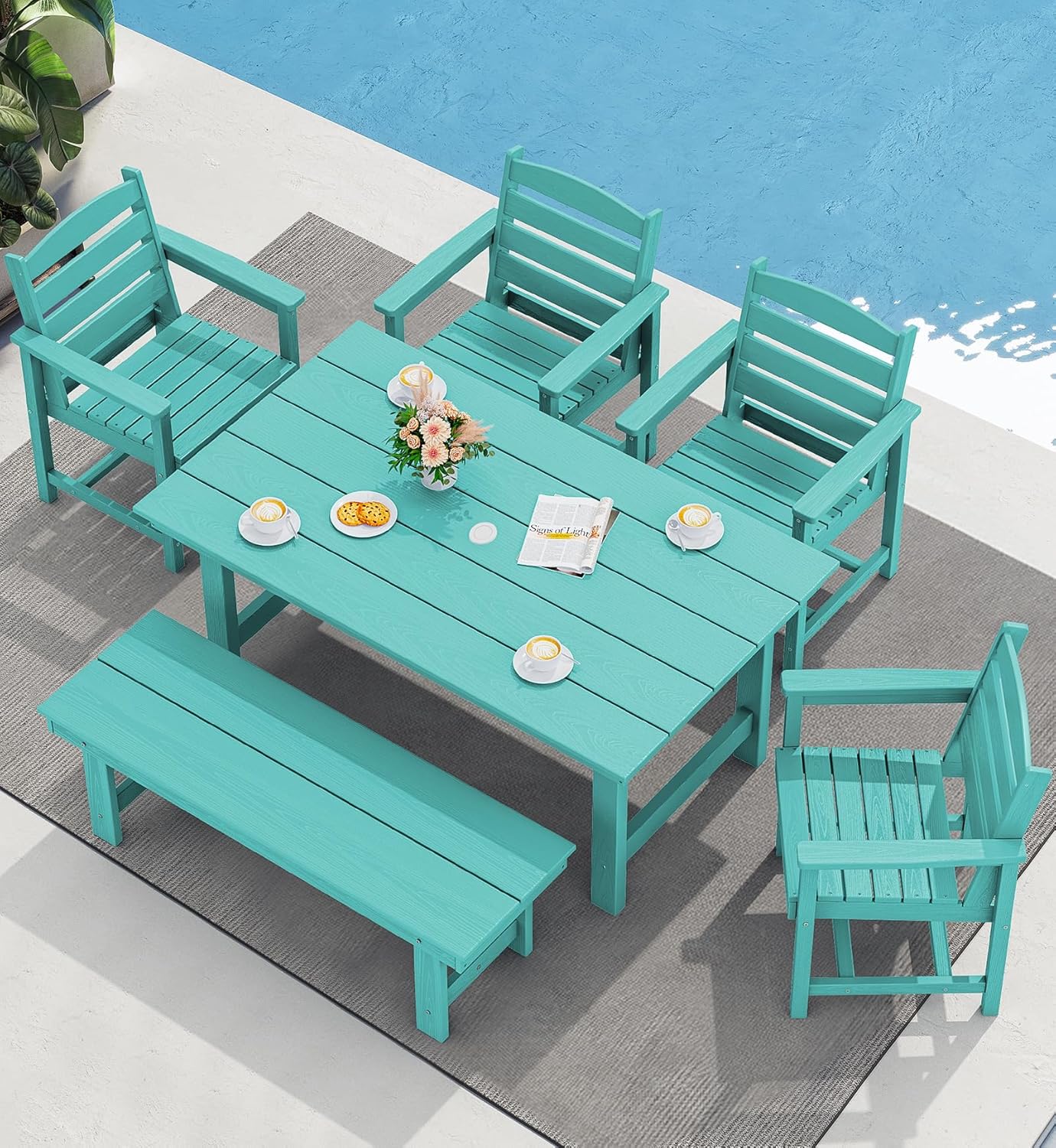 SERWALL 7-Piece Patio Dining Table Sets, Outdoor HDPE Dining Furniture Set with Umbrella Hole Cut-Out Table and 6 Chairs, Blue
