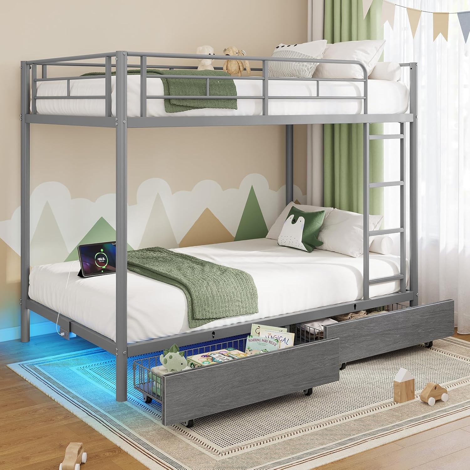 Rolanstar Metal Bunk Bed Twin Over Twin USB Charging Station LED Bunk Bed 2 Storage Drawers